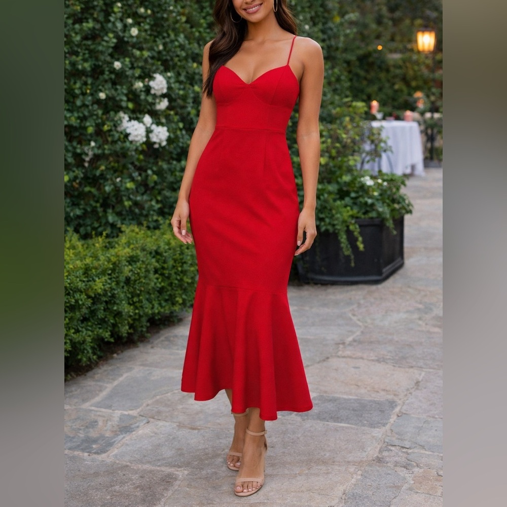 Lulu's Red Spaghetti-Strap Sweetheart Midi Dress
